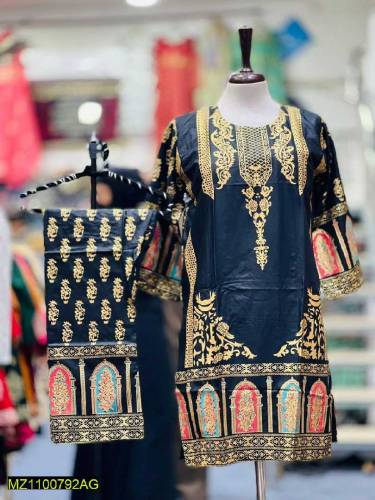 2pcs Women's Stitched linen Printed Suit 