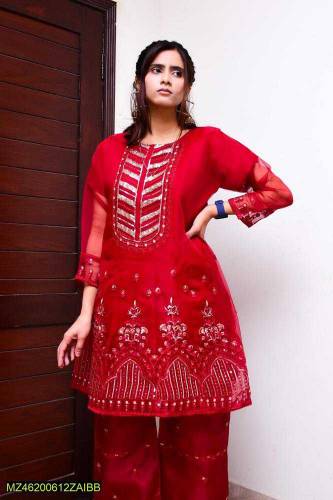 3pcs stitched woman organza Emboridered suit 