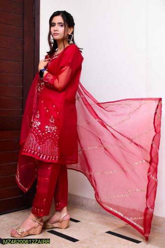 3pcs stitched woman organza Emboridered suit 