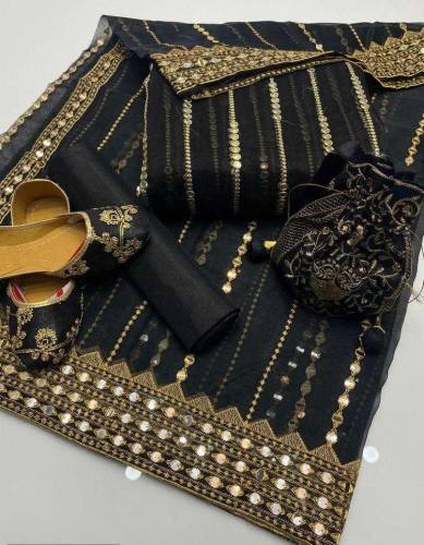*3Pcs Women's Unstitched Fancy Organza Embroidered Suit With Khussa*