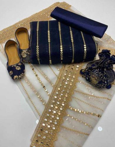 *3Pcs Women's Unstitched Fancy Organza Embroidered Suit With Khussa*