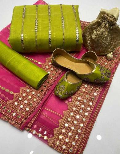 *3Pcs Women's Unstitched Fancy Organza Embroidered Suit With Khussa*