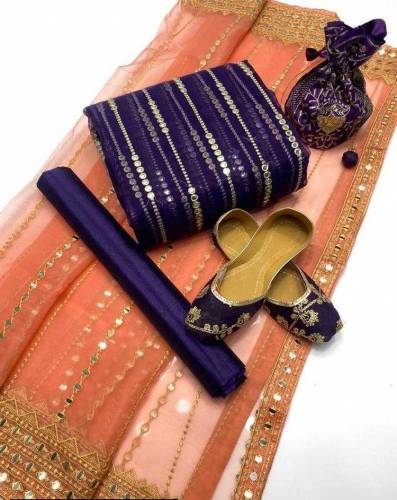 *3Pcs Women's Unstitched Fancy Organza Embroidered Suit With Khussa*