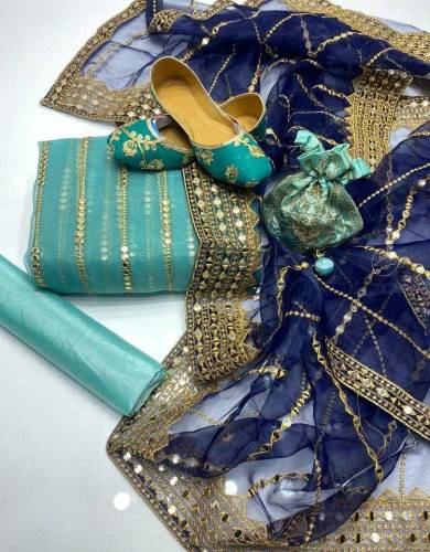 *3Pcs Women's Unstitched Fancy Organza Embroidered Suit With Khussa*