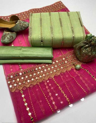 *3Pcs Women's Unstitched Fancy Organza Embroidered Suit With Khussa*