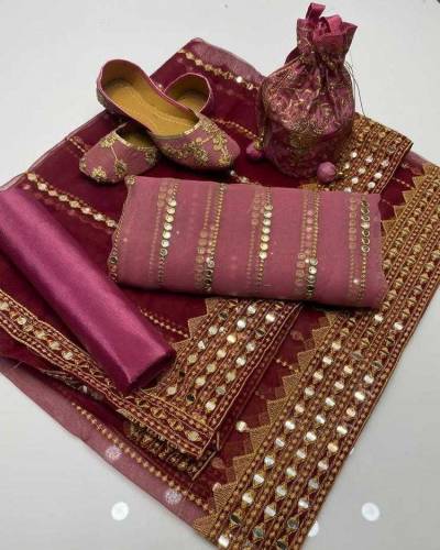 *3Pcs Women's Unstitched Fancy Organza Embroidered Suit With Khussa*