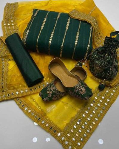 *3Pcs Women's Unstitched Fancy Organza Embroidered Suit With Khussa*