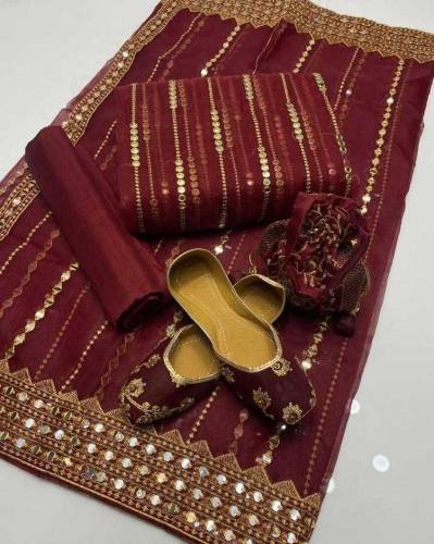 *3Pcs Women's Unstitched Fancy Organza Embroidered Suit With Khussa*