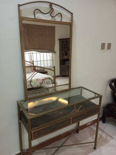 king size double bed with metress sidetable dressing table, mirror