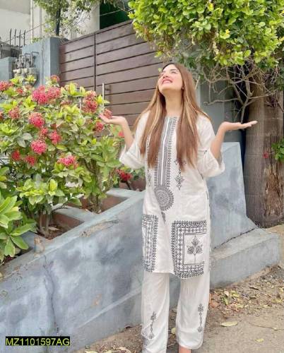 2 pcs women unstitched linen print suit 