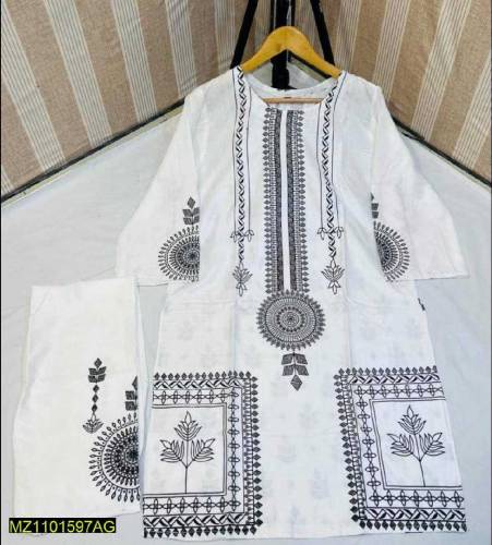 2 pcs women unstitched linen print suit 