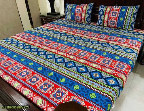 3 Pcs Cotton Printed Double Bedsheets