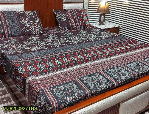 3 Pcs Cotton Printed Double Bedsheets