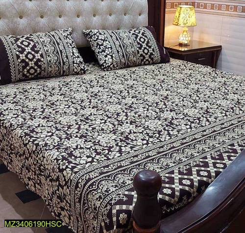 3 Pcs Cotton Printed Double Bedsheets