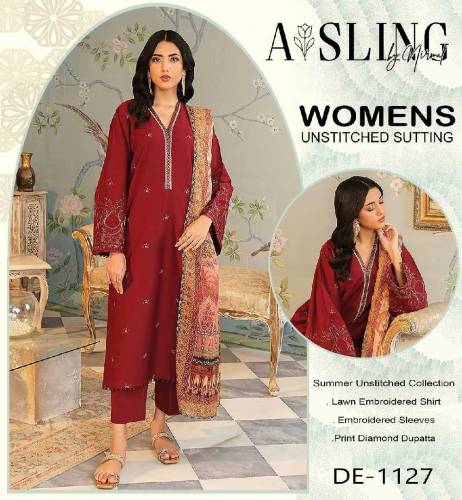 3pc Women's Unstitched Lawn suit 