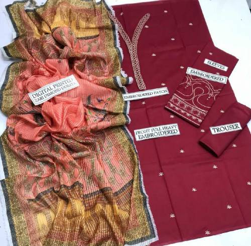 3pc Women's Unstitched Lawn suit 