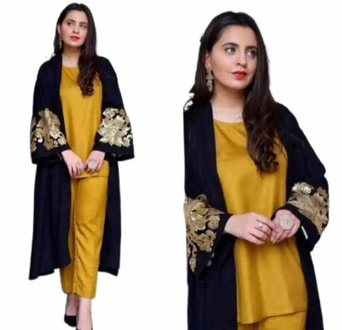3 Pcs Women's Stitched Linen Embroidered Gown Suit 