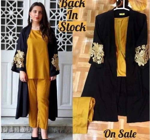 3 Pcs Women's Stitched Linen Embroidered Gown Suit 