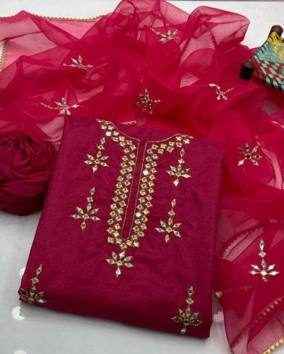 3 Pcs Women's Unstitched Katan Silk Embroidered Suit