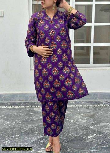 2 Pcs Women's Stitched Linen Block Printed Suit