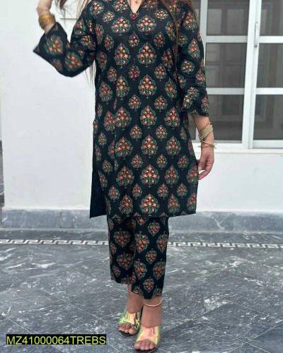 2 Pcs Women's Stitched Linen Block Printed Suit