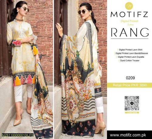 3 pcs women's unstitched lawn parented shirt 