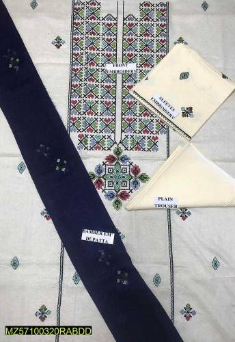 3 Pcs Women's Unstitched Lawn Embroidered Suit 