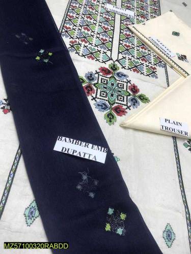 3 Pcs Women's Unstitched Lawn Embroidered Suit 