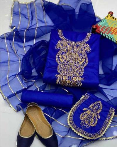 3 pcs unstictched black katan, blue organza women embroidered suit 