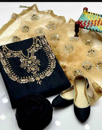 3 pcs unstictched black katan, blue organza women embroidered suit 
