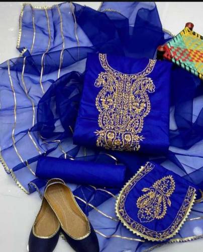 3 pcs unstictched black katan, blue organza women embroidered suit 