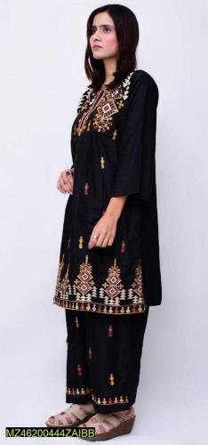 : 2 Pcs Women's Stitched Linen Embroidered Frock Suit