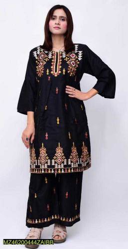 : 2 Pcs Women's Stitched Linen Embroidered Frock Suit