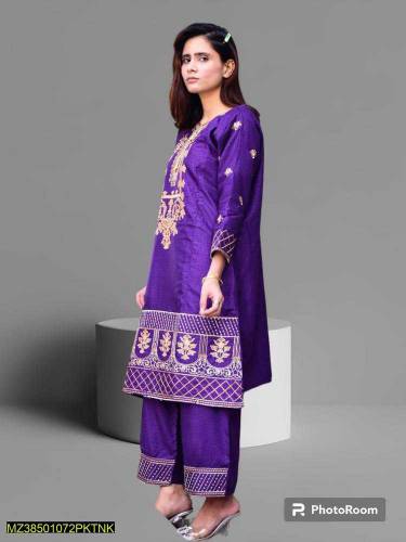 2 Piece Women's Stitched Linen Embroidered Suit 