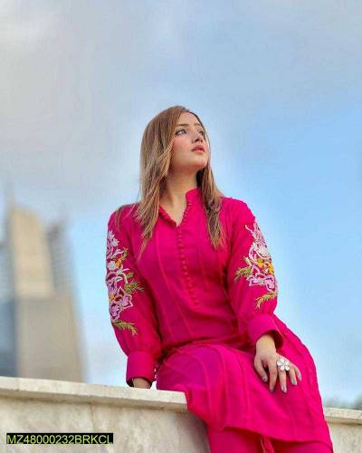 2 Pcs Women's Stitches Arabic Lawn Embroidered Suit 