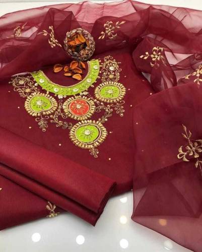 3 Pcs Women's Unstitched Organza Embroidered Fancy Suit