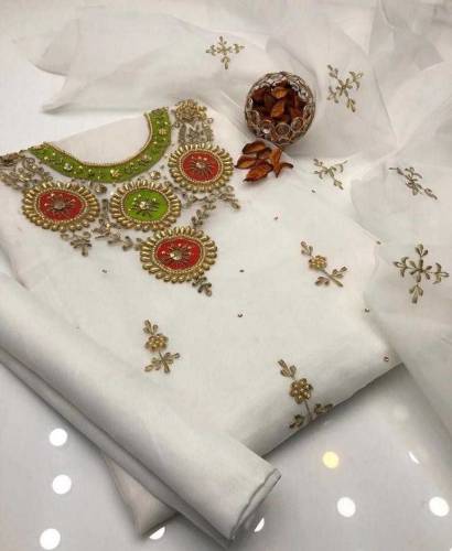 3 Pcs Women's Unstitched Organza Embroidered Fancy Suit