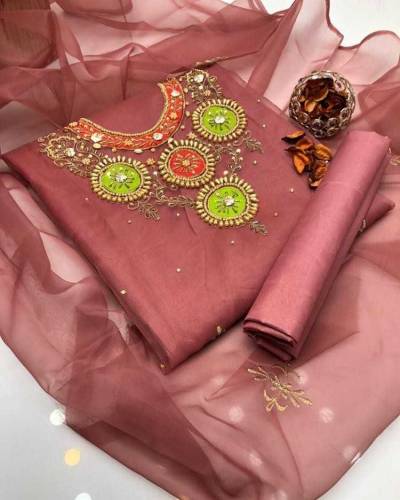 3 Pcs Women's Unstitched Organza Embroidered Fancy Suit