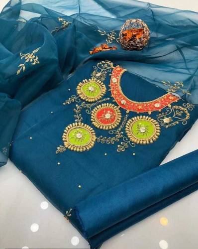 3 Pcs Women's Unstitched Organza Embroidered Fancy Suit