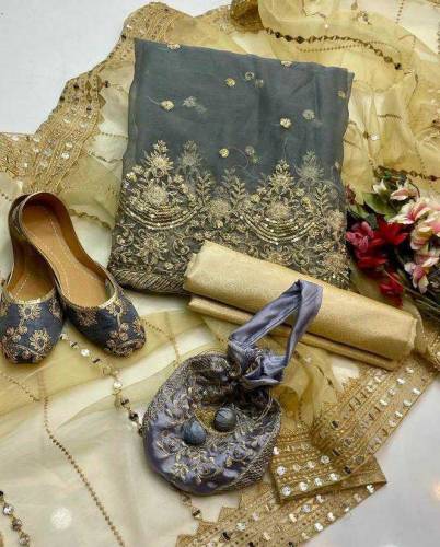 5 Pcs Women's Unstitched Fancy Organza Embroidered Suit