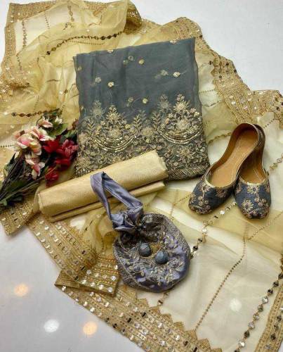 5 Pcs Women's Unstitched Fancy Organza Embroidered Suit