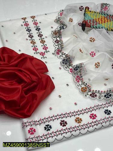 3 pcs women unstitched organza embroidered suit 