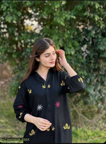 2 Pcs Women's Stitched Linen Embroidered Suit 