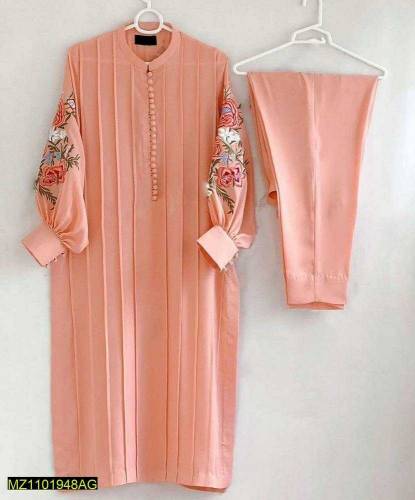 2 Pcs Woman's Stitched Arabic Lawn Embroidered Suit