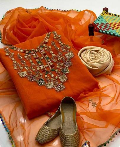 4 Pcs Women's Unstitched Organza Embroidered suit
