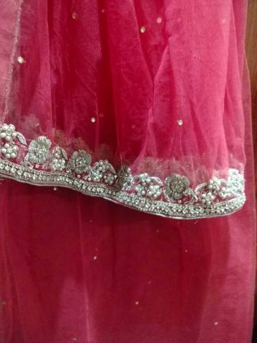 organza shirt with handmade work and contrast duffata in net pink colo