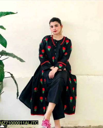  3 Pcs Women's Stitched Fancy Katan Silk Embroidered Go