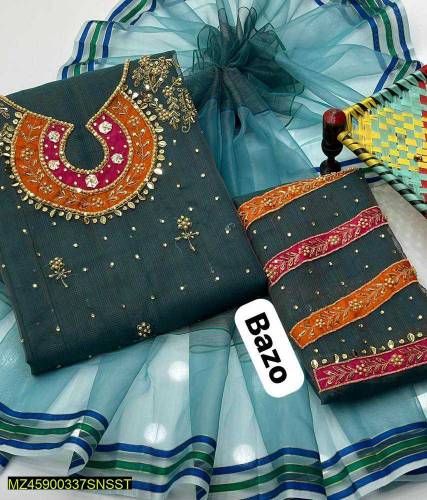 •  Fabric: Organza•  Shirt: Handmade Embroidered Applique Work•  Dupat