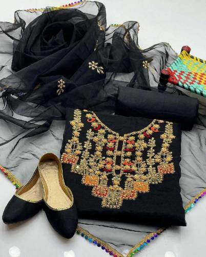 3 Pcs Women's Unstitched Organza Silk Embroidered Suit 