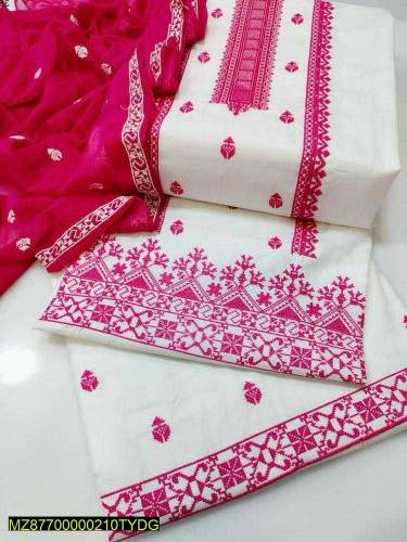 3 Pcs Women's Unstitched Lawn Cotton Embroidered Suit 